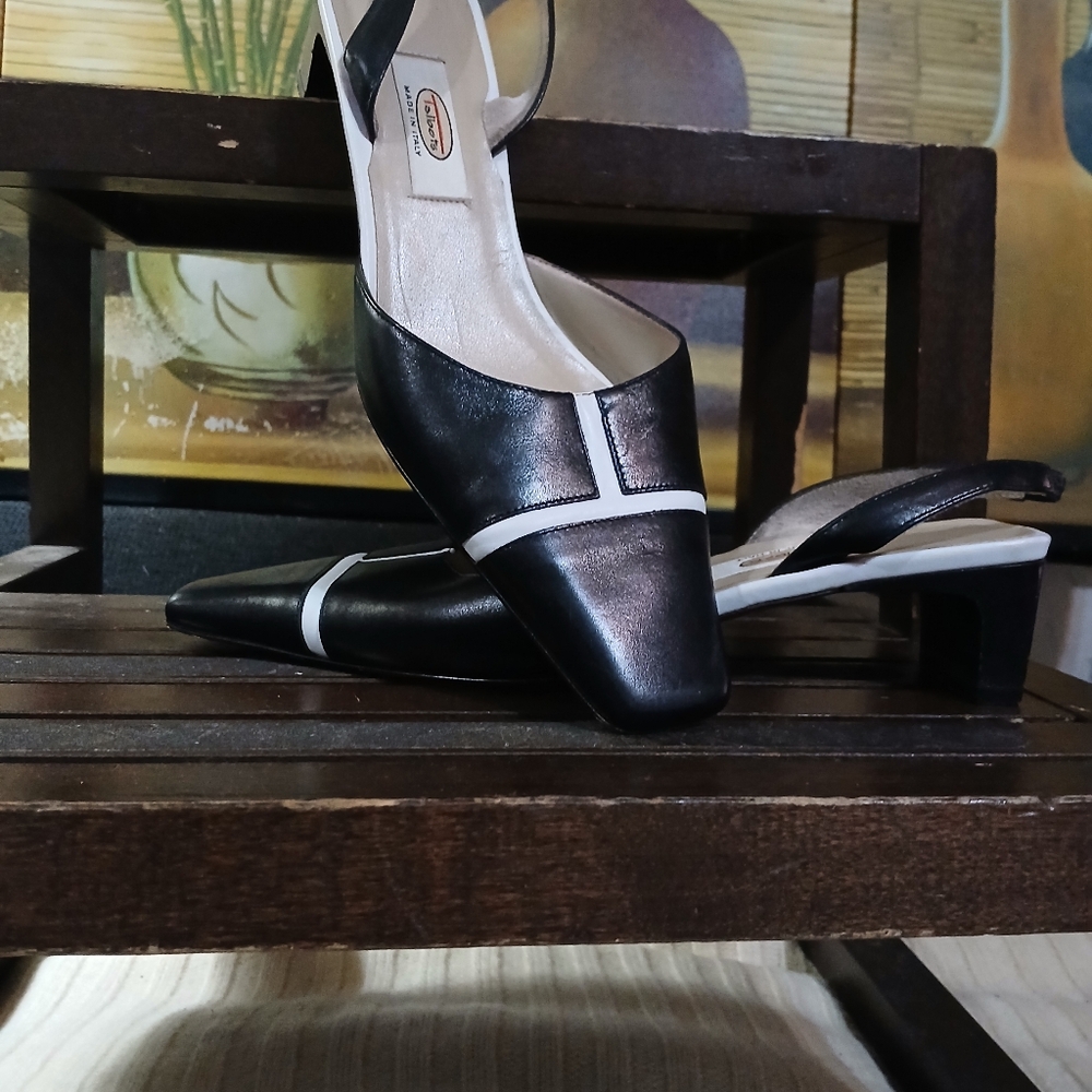 Elegant Black and White Slingback Heels - Picture 4 of 14